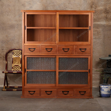 TANSU 箪笥 Traditional Japanese Cabinetry Japanese Glass-Door Book Tansu — 8 Drawers, Modern Revival (SKU: BT3)