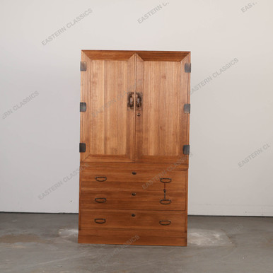 Antique Japanese Two Section Kimono Tansu Chest With Large Kannon