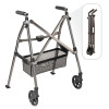 • The world’s most compact folding walker that goes anywhere
• Folds 4 times smaller than the average walker
• Weighs only 8 lbs and supports 400 lbs
• Two sizing options available for differing heights
• 6” locking-swivel wheels and rear ski glides for better mobility
• Basket for storing personal essentials
