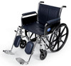 Wheelchairs feature threaded seat screw inserts to minimize stripping from upholstery changes
Armrests and calf pads (if included) are upholstered and padded
Carbon steel frame has rust- and chip-resistant chrome plating while navy vinyl upholstery is easy to clean
Chart pocket is on back to keep out of patient's way but is easily accessible to caregivers
Optional accessories: Anti-Fold Device (item MDS85196, MDS851965SH for 24" chairs ), Overhead Anti-Theft Device for 18-22" models (item MDS85197A, MDS85197SH for 24" chairs), IV Pole (item MDS85183), O2 Holder (item MDS85181U), O2/IV Combo (item MDS85190), Anti-Tip Device (item MDS85189), 22" Pushbar (item MDS85192) , Tinnerman Legrest Lock (item WCA806991)