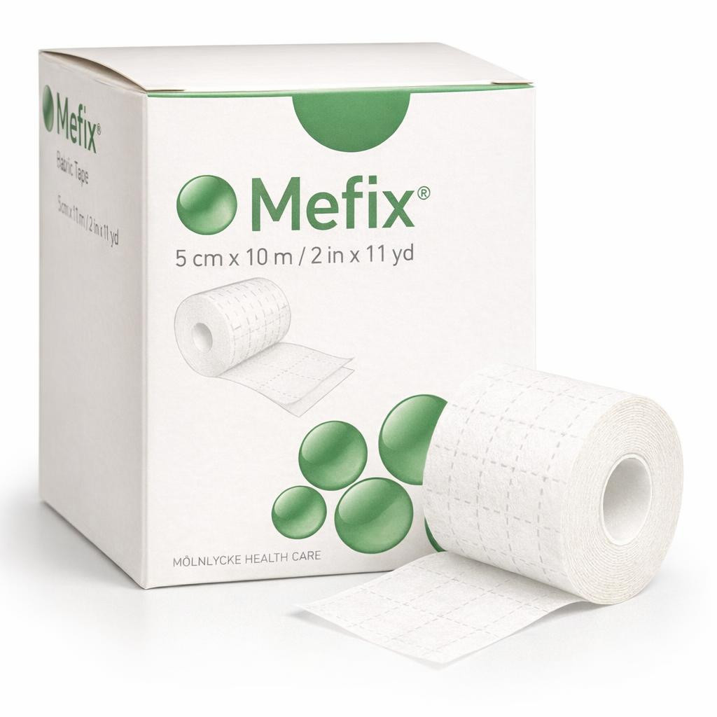 Mölnlycke Mefix Fabric Tape — 5 cm x 10 m (310500‑02) — 1 roll/box — Three‑quarter hero (box + roll)