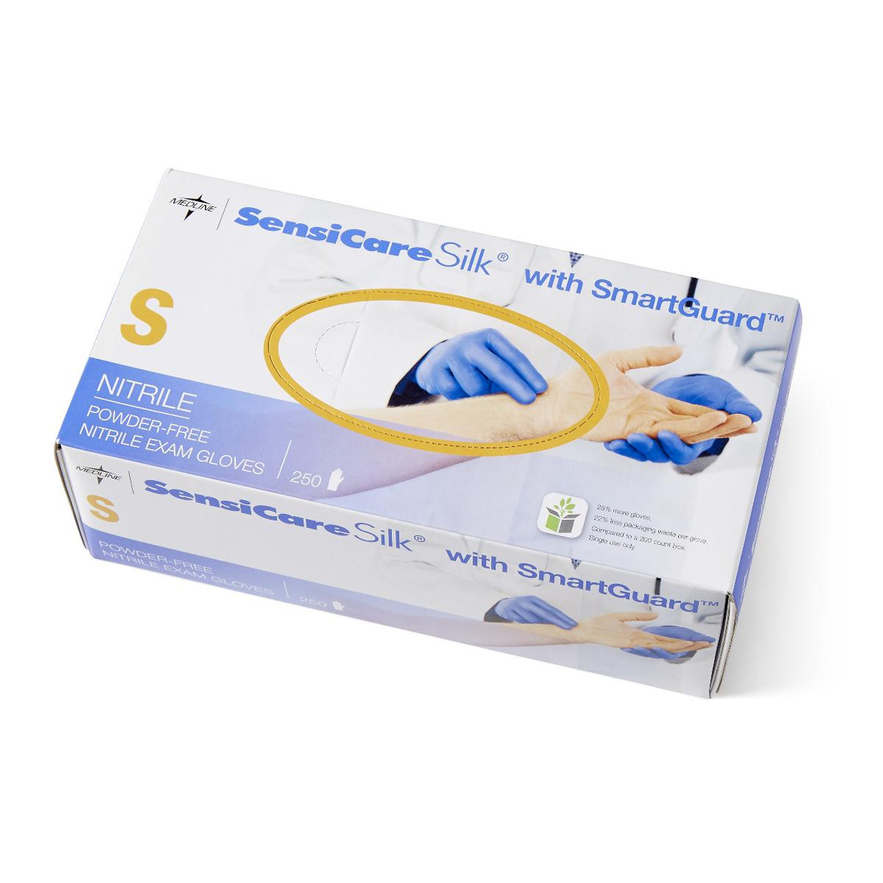 Medline MDS2584 SensiCare Silk Nitrile Powder-Free Exam Gloves, W/FILM, Small CS 2500/CS