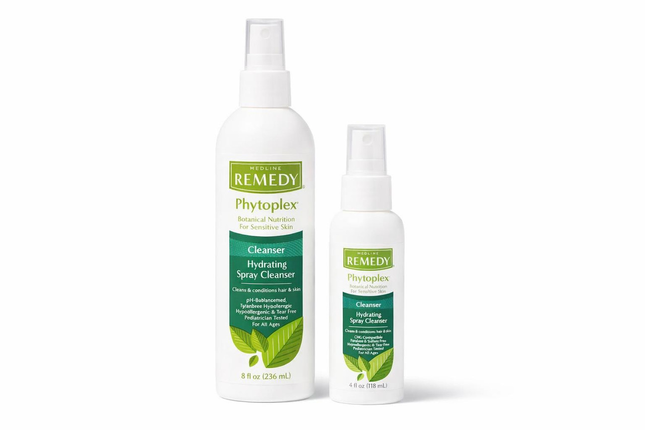 Medline Remedy Phytoplex Hydrating Spray Cleanser — 8 fl oz (236 mL) — MSC092208 — Scale and size comparison — 4 fl oz + 8 fl oz pair