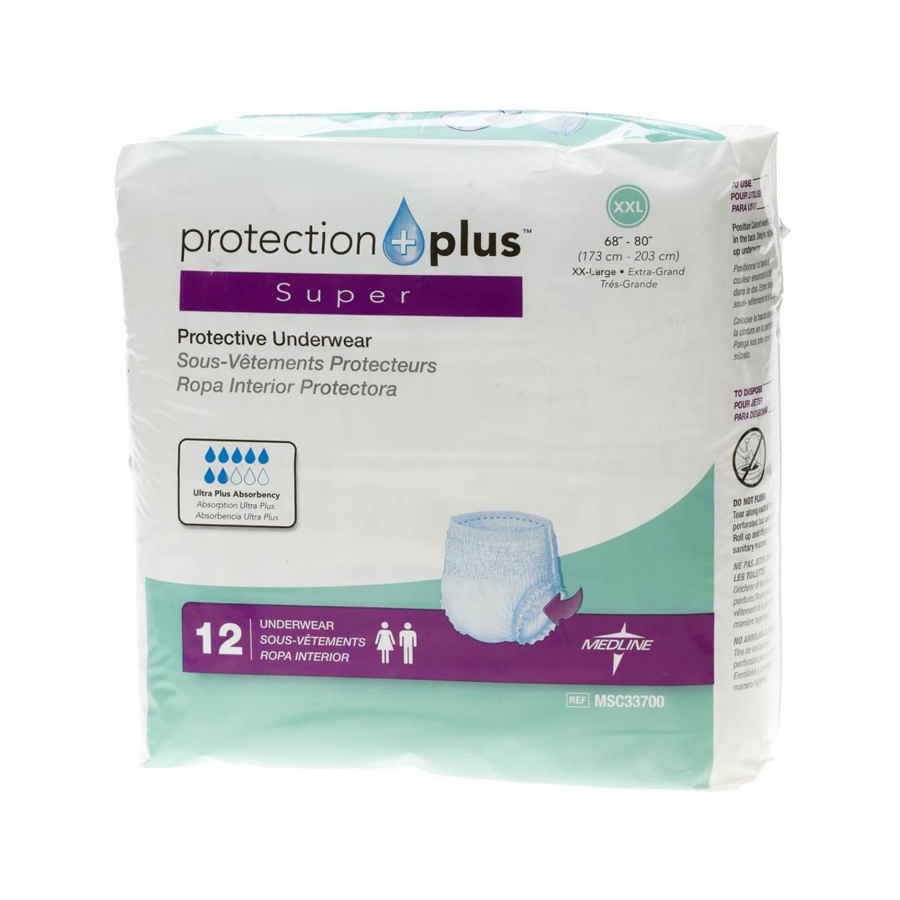 Medline MSC33700 Protection Plus Super Protective Adult Underwear - 2X-Large,68-80 CS 48/CS