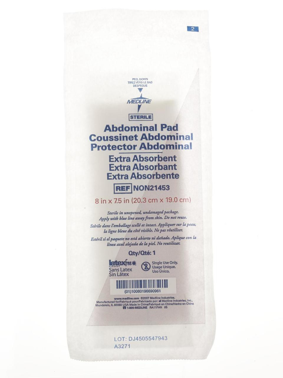 Medline NON21453 PAD,ABDOMINAL,8X7.5,STERILE,LF,1/PK CS 240/CS