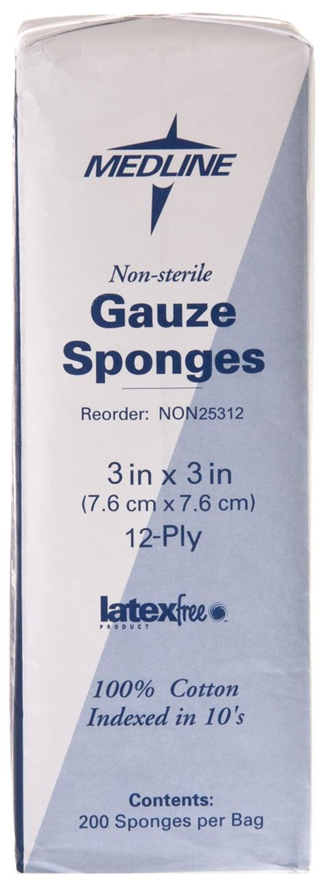 Medline NON25312 GAUZE,SPONGE,3"X3",12-PLY,Non-Sterile,LF,200/PK CS 4000/CS