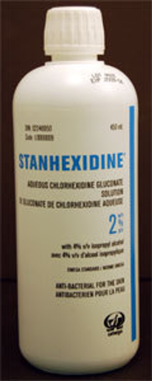 OMEGA LABORATORIES L0000009 STANHEXIDINE AQUEOUS CHLORHEXIDINE GLUCONATE 2% WITH ISOPROPYL ALCOHOL 4% 450 ml bottle