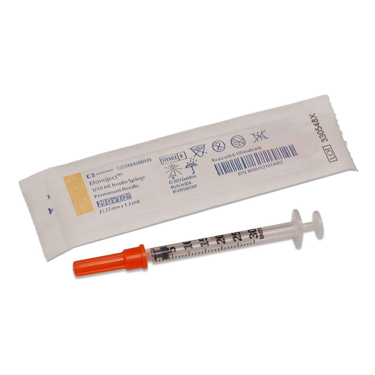 Covidien 8881600350 MONOJECT SOFTPACK INSULIN NEEDLE/SYRINGE, 29G X 1/2", 1/2ML (CS3) BX/100