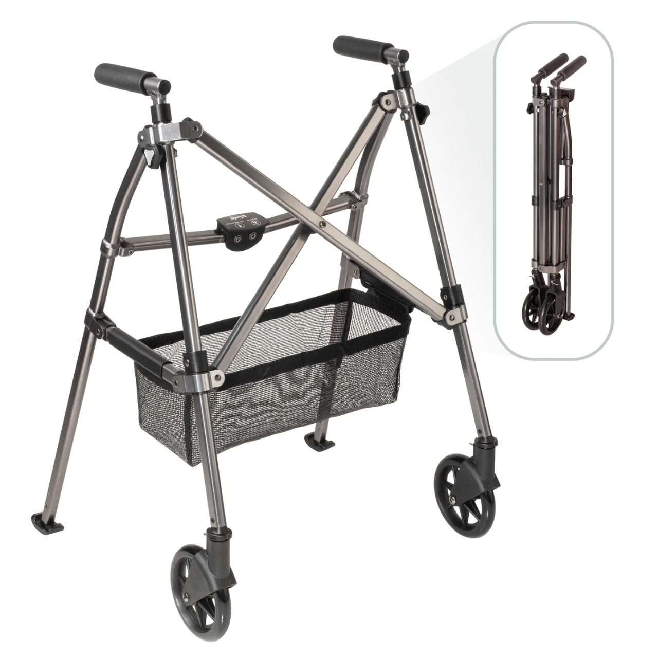 • The world’s most compact folding walker that goes anywhere
• Folds 4 times smaller than the average walker
• Weighs only 8 lbs and supports 400 lbs
• Two sizing options available for differing heights
• 6” locking-swivel wheels and rear ski glides for better mobility
• Basket for storing personal essentials