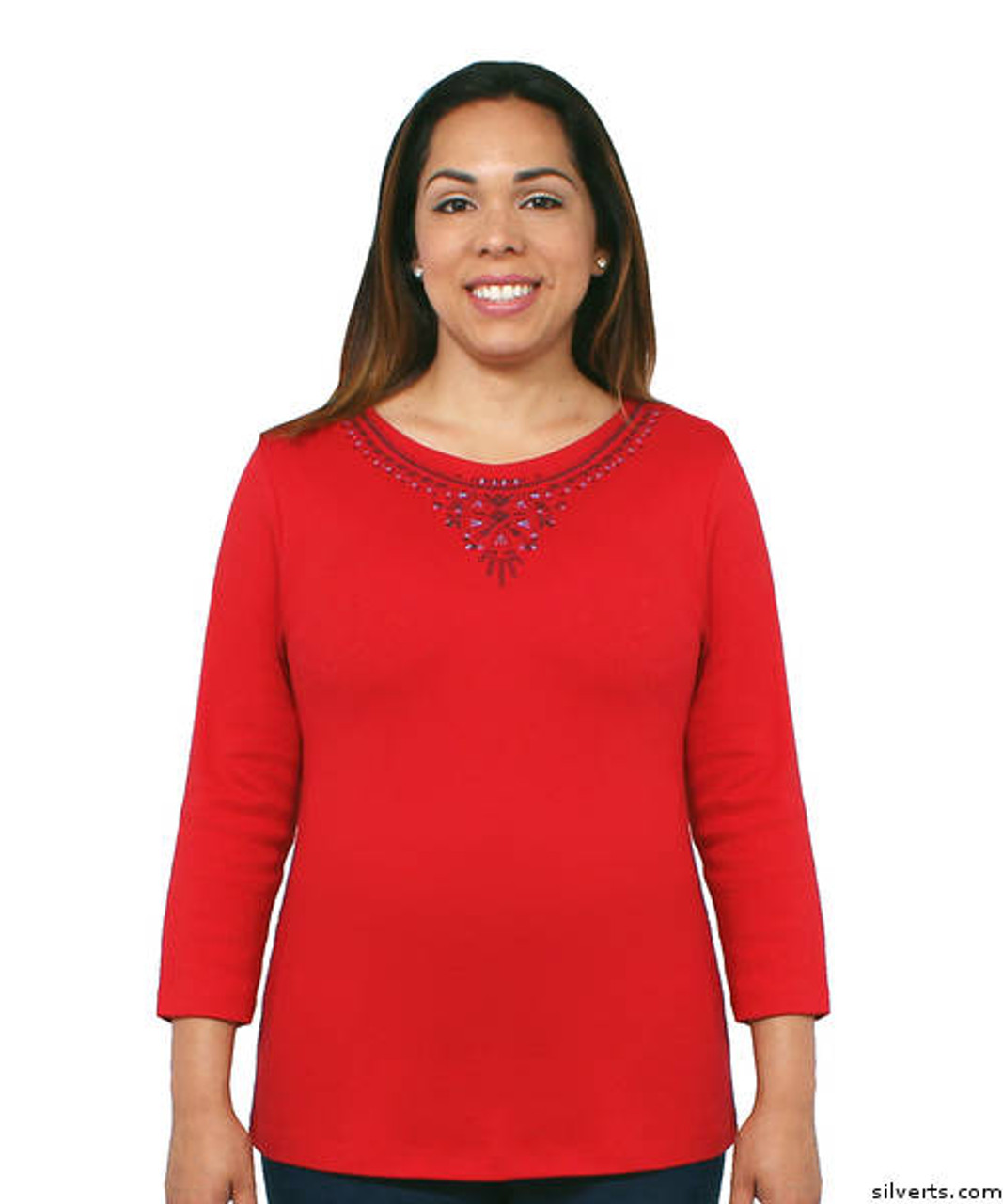 Silvert's 138530103 Womens Beautiful Embroidered T Shirt Top, Size Large, RED