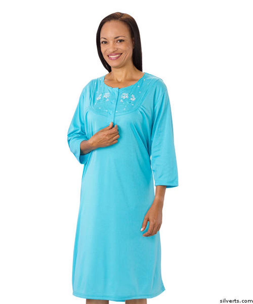 Silvert's 261700601 Women's Cotton Knit Pretty Hospital Gown , Size Small, GULF STREAM