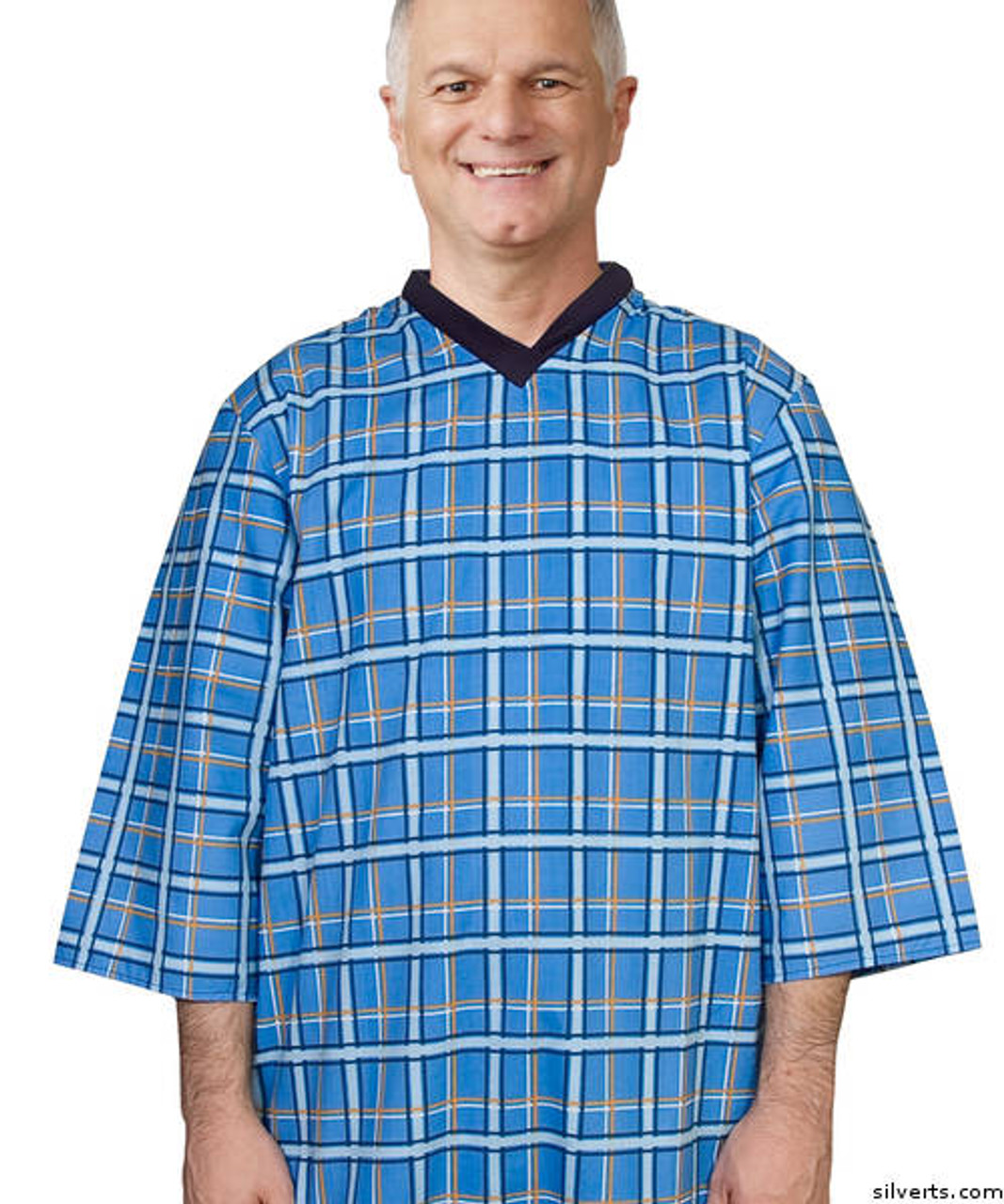 Silvert's 500500204 Mens Adaptive Cotton Hospital Patient Nightgowns , Size Large, MID BLUE CHECK