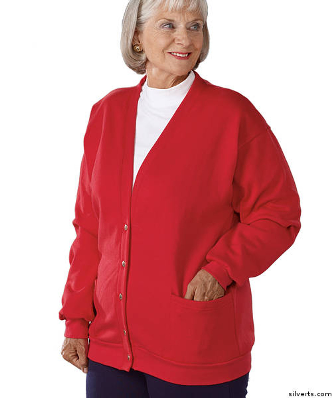 Silvert's 136930105 Womens Comfortable Two Pocket Button Front Fleece Cardigans, Size X-Large, RED