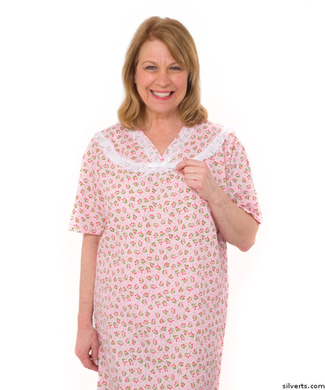 Silvert's 161300504 Womens Regular Short Cotton Sleepwear Nightgown , Size Large, PINK FLOWER