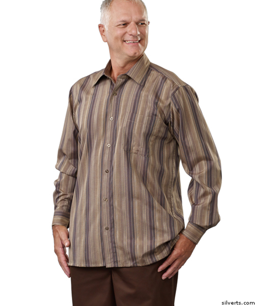 Silvert's 504000302 Mens Regular Sport Shirt with Long Sleeve, Size Medium, BROWN STRIPE