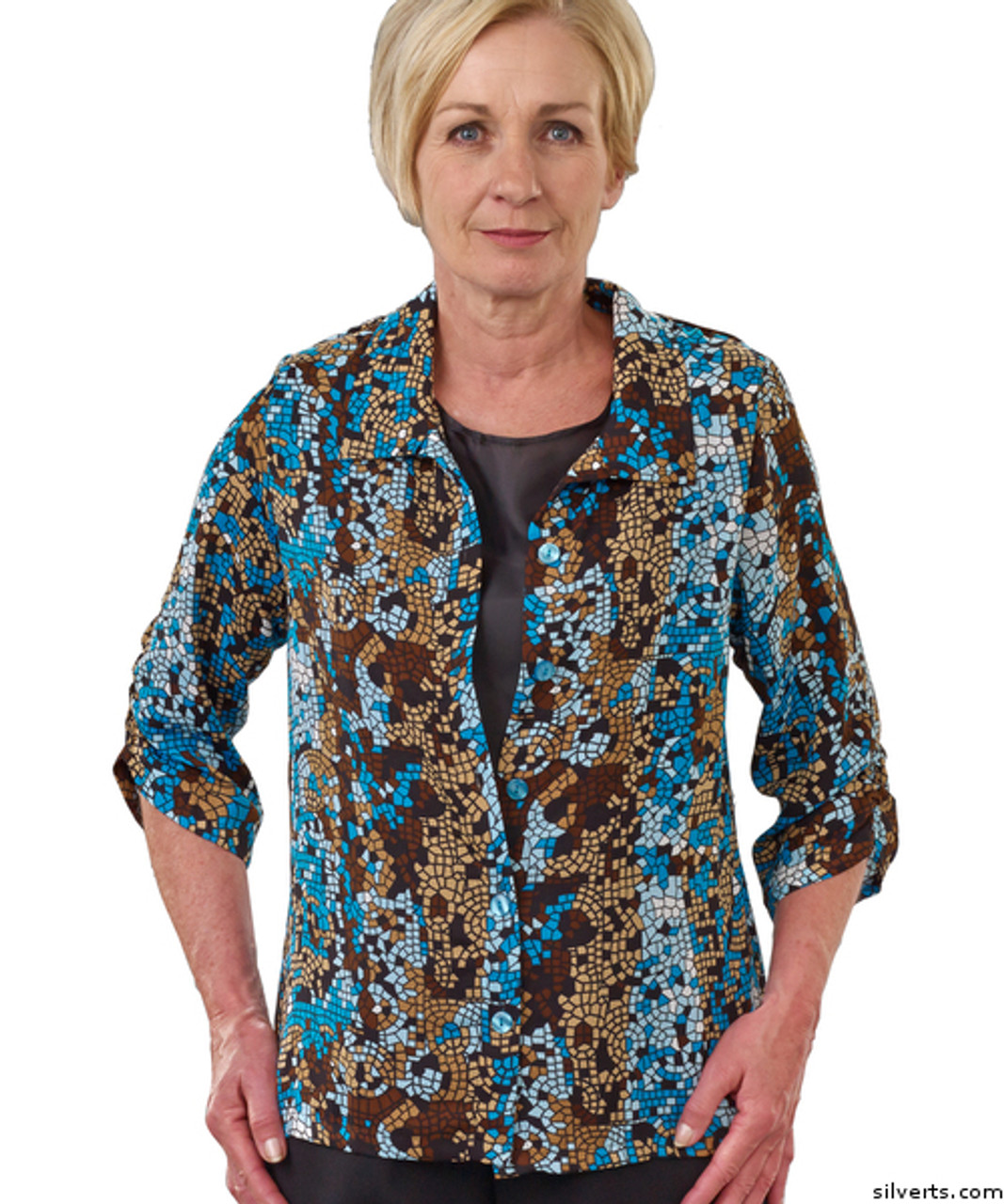 Silvert's 242300403 Womens Adaptive Open Back Fooler Blouse , Size Large, TEAL MOSAIC