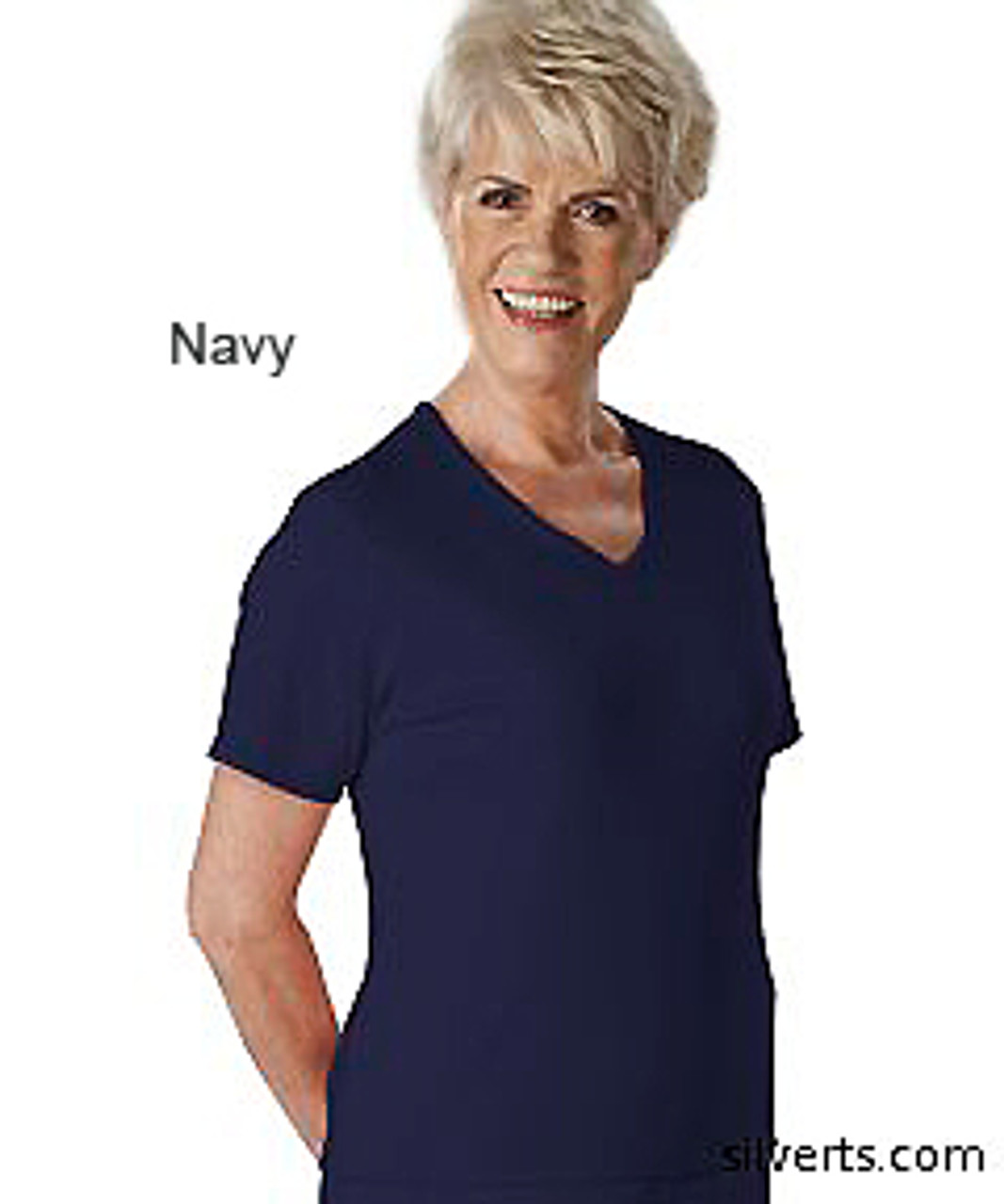 Silvert's 133600202 Womens Regular Summer V Neck T Shirt, Short Sleeve, Size Medium, NAVY