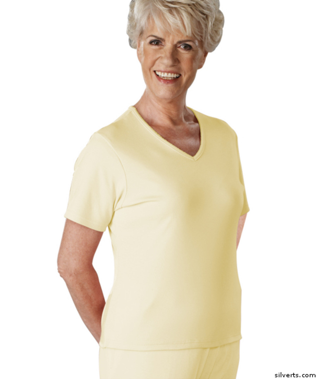 Silvert's 133600302 Womens Regular Summer V Neck T Shirt, Short Sleeve, Size Medium, BUTTERCUP