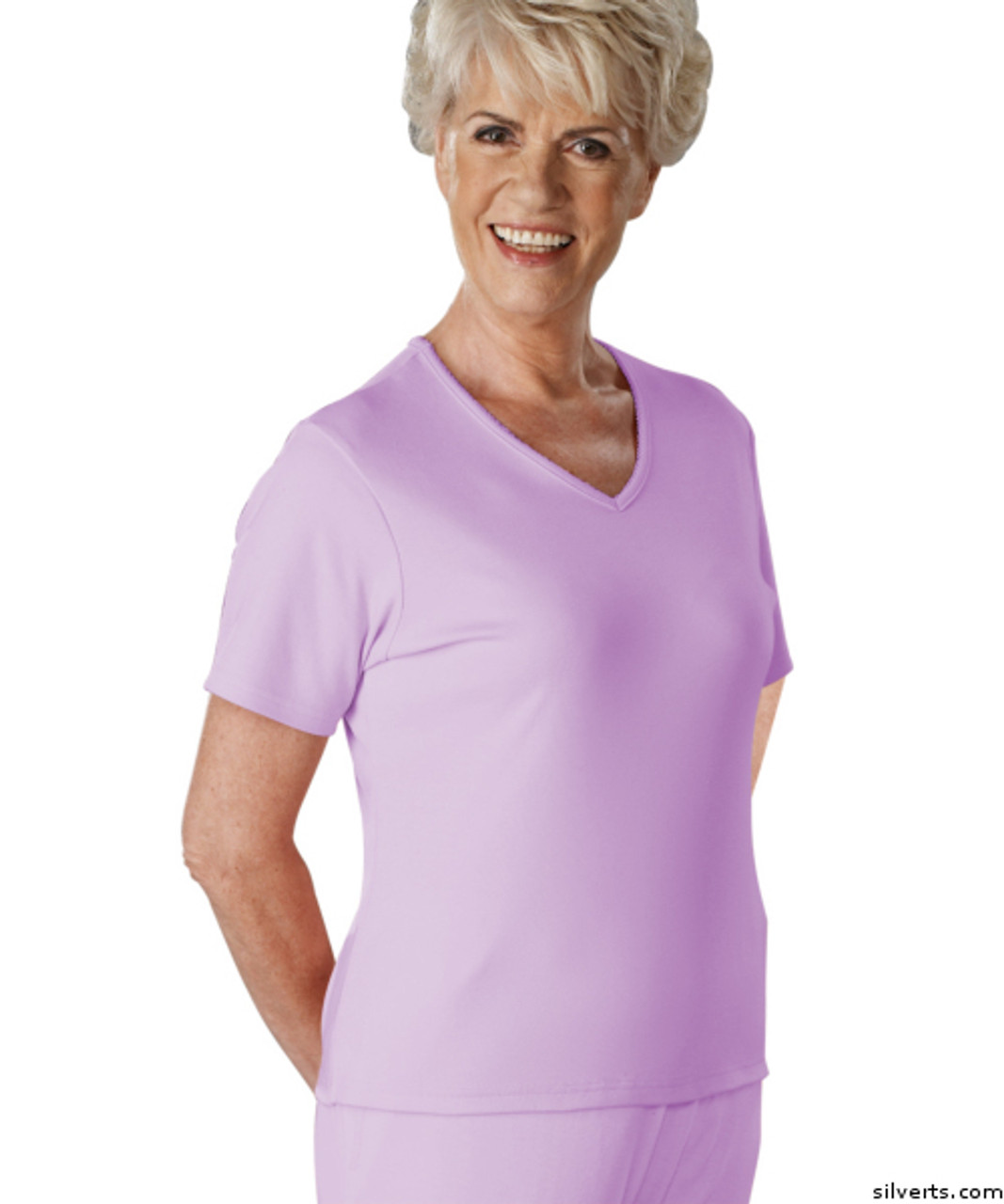 Silvert's 133600503 Womens Regular Summer V Neck T Shirt, Short Sleeve, Size Large, MAUVE