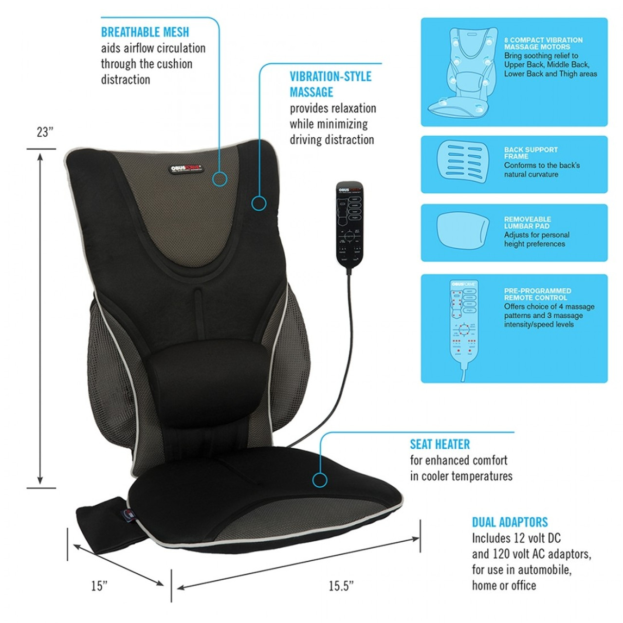 ObusForme® CC-BDS-01 Hero Home/Auto Back & Seat Heated Chair Massage Cushion with Remote