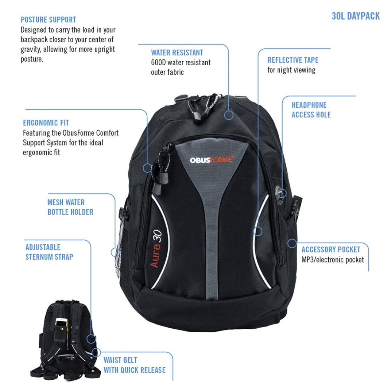 ObusForme® OB-361BLK Aura - 30L Daypack,Comfort Support System