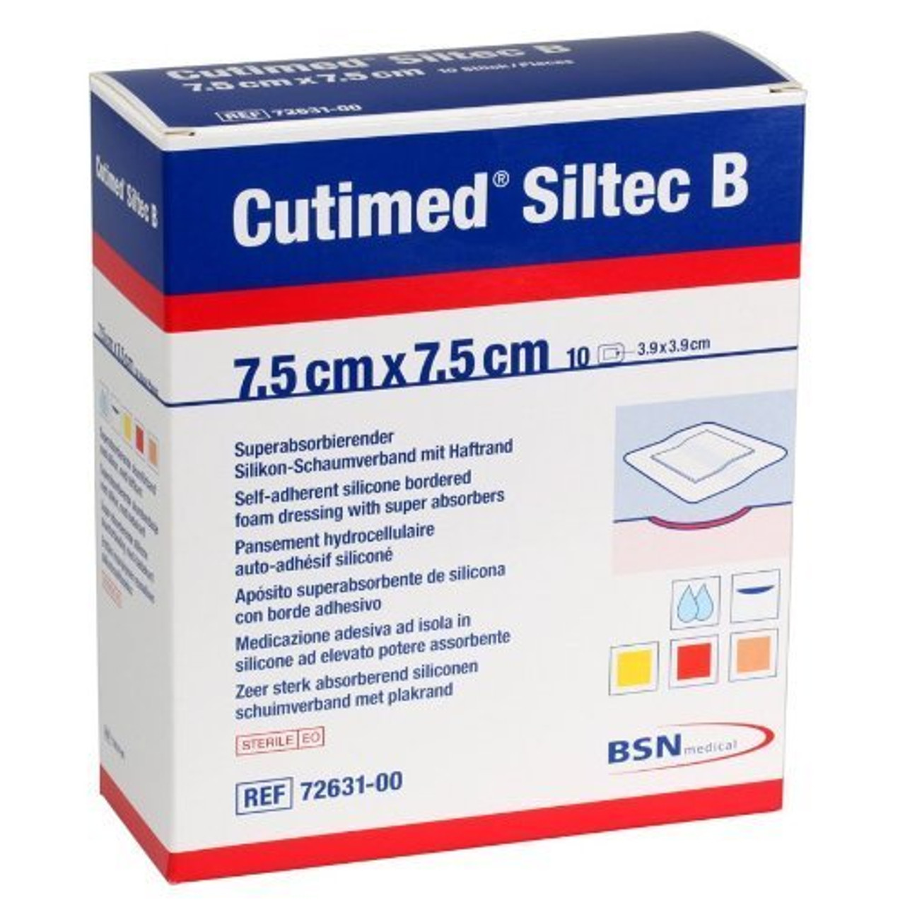 BSN 7328400 CUTIMED SILTEC B FOAM DRESSING W/SUPER ABSORBERS AND SILICONE LAYER, ADH BORDER, 7.5CM X 7.5CM BX/10