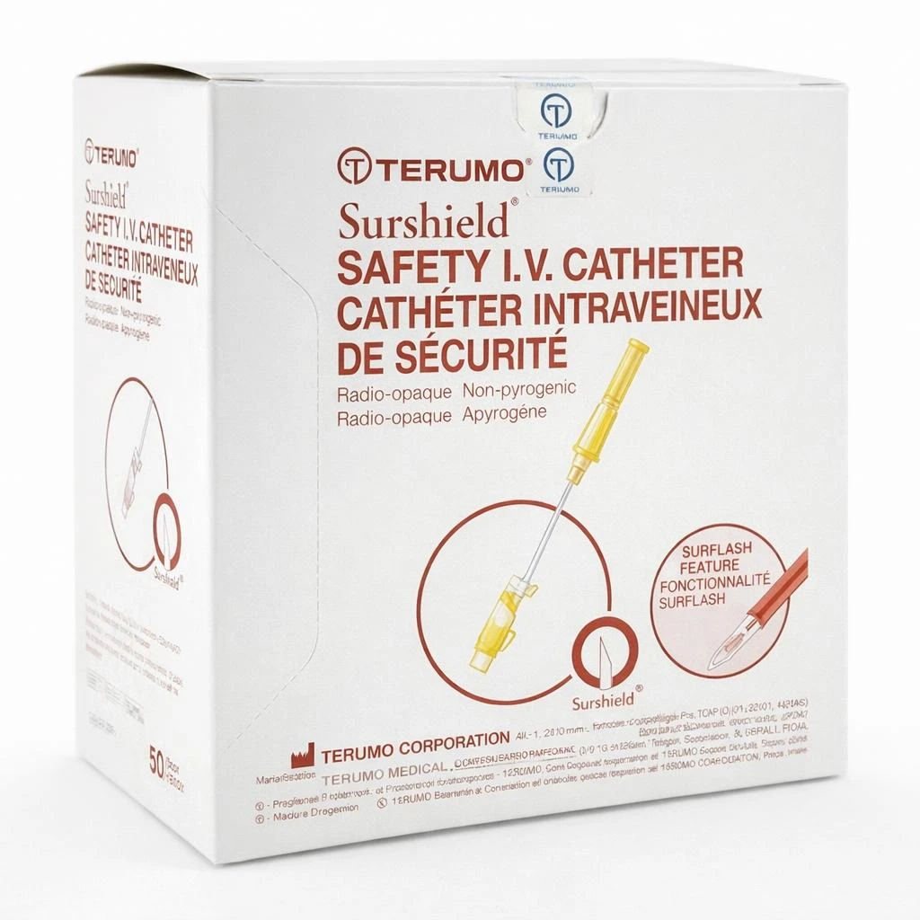 Terumo Surshield Safety I.V. Catheter — 24G x 3/4" (Yellow) SurFlash — 50/Box — Three‑quarter product hero (boxed, front/angled)