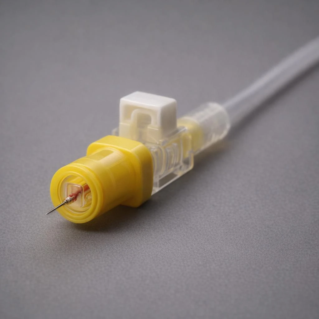 Terumo Surshield Safety I.V. Catheter — 24G x 3/4" (Yellow) SurFlash — 50/Box — Close detail: hub, SurFlash preview chamber and needle shutter