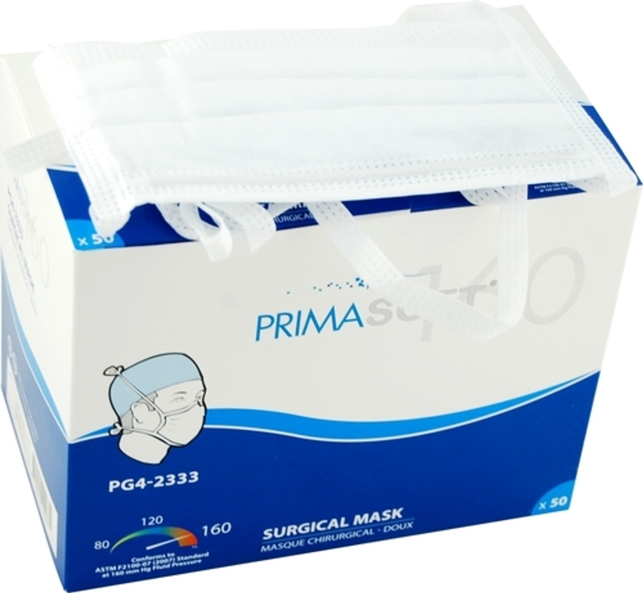 MASK FACE SURGICAL PRIMASOFT160 && TIE SENSITIVE SKIN WHT BX/50 P50 263-PG4-2333