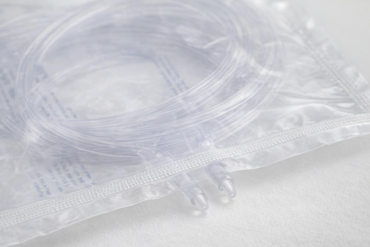 Pediatric Nasal Oxygen Cannula — Soft Straight Tip, 7 ft Sure Flow Tubing (Each) — Close-up of pouch seal and nasal prongs