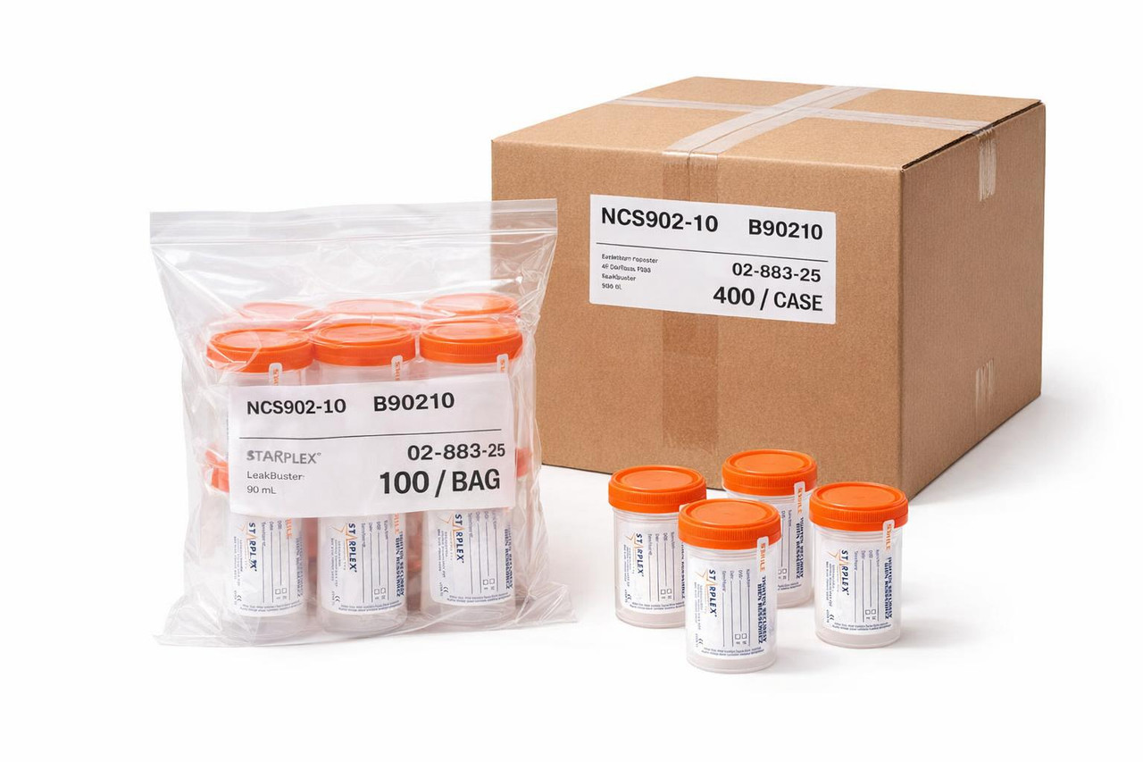NCS902-1O (Starplex LeakBuster) — 90 mL Sterile Specimen Container, Orange O‑Ring Cap — 400 / Case — Packaging / case overview (4 × 100 bag layout)