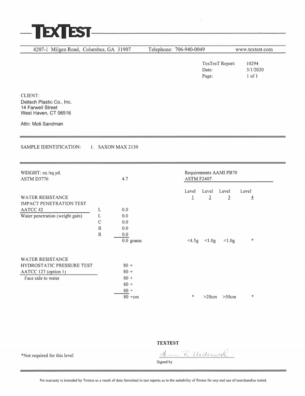 Saxon MAX 2130 Level 2 Disposable Isolation Gown LAB RESULT