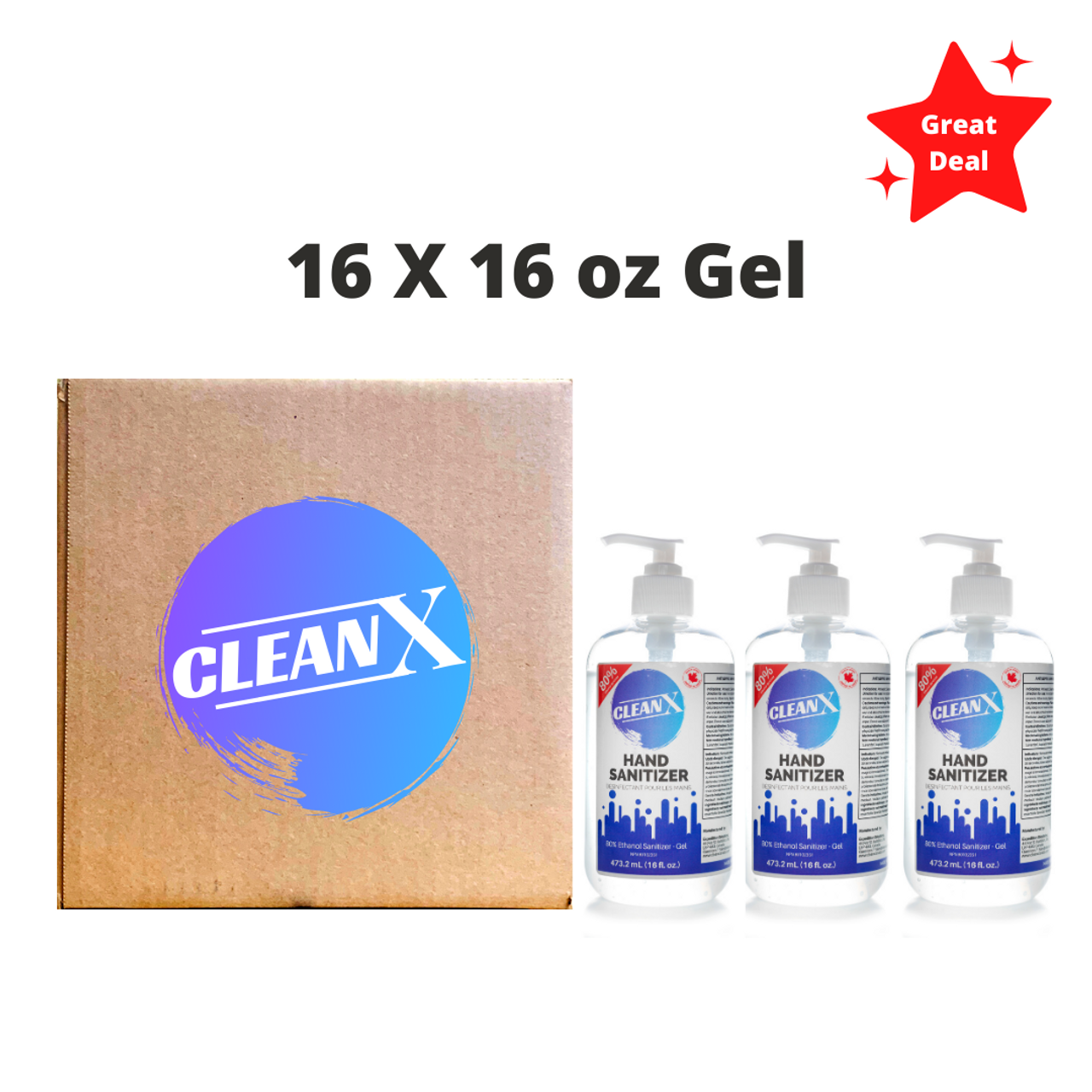 CleanX X017 CleanX 80% Ethanol Gel Hand Sanitizer 16oz- Box of 16