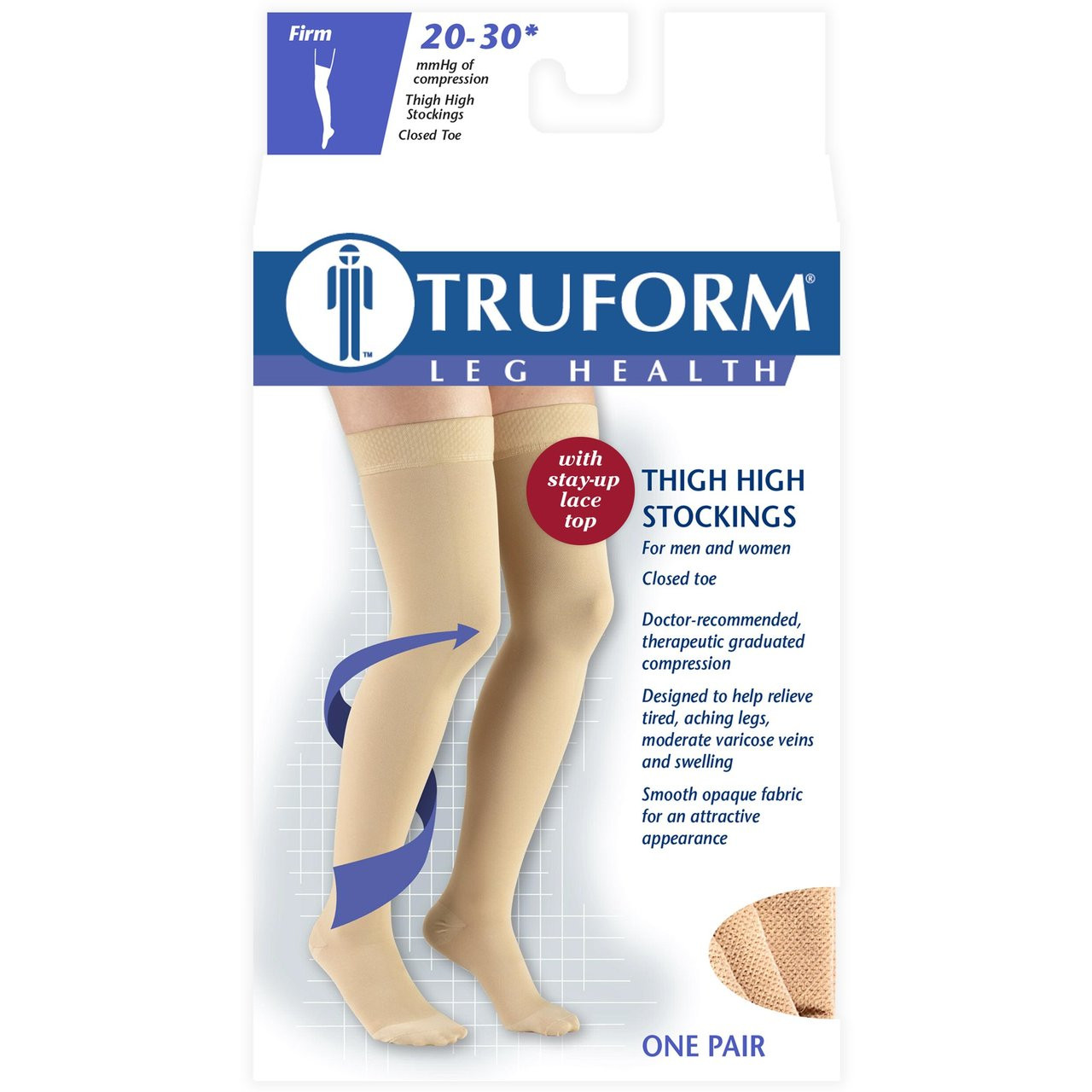 TRUFORM 8867BG Compression 20-30 mmHg Thigh-high, Closed-toe, Stay-up Lace top, beige S-M-L-XL (8867BG)