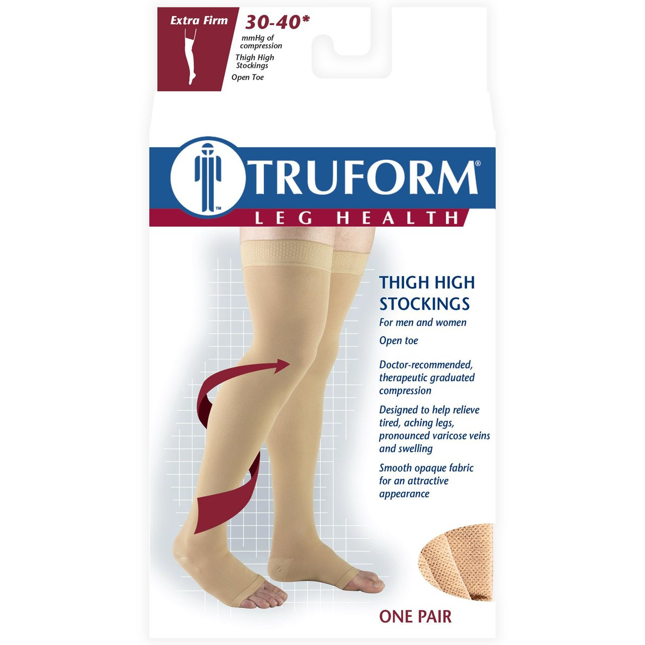 TRUFORM 0848BG Compression 30-40mmHg Thigh-high, Open-toe, Stay-up Beaded top, beige S-M-L-XL (0848BG)