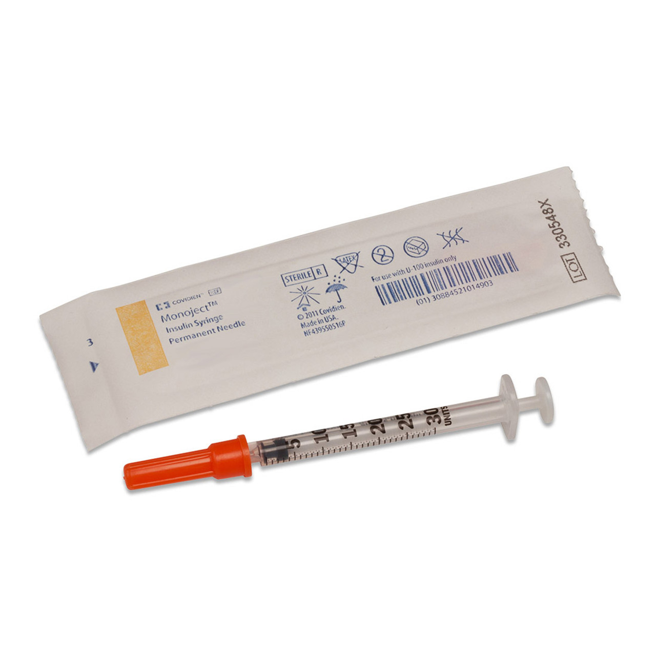 Kendall 8881600004 MONOJECT 0.5ML INSULIN SYRINGE W/ 28G PERMANENT 1/2" NEEDLE STERILE, BX/100