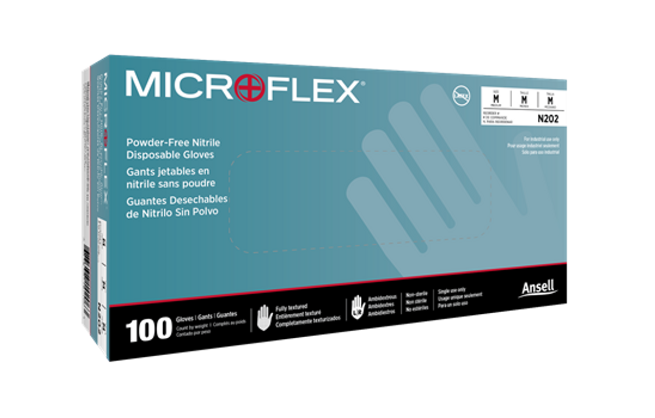 Ansell N203 MICROFLEX N20 Disposable Nitrile Gloves, Powder-Free, Fully Textured,  Blue, Large, 100/Box