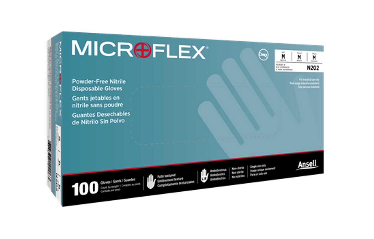 Ansell N203 MICROFLEX N20 Disposable Nitrile Gloves, Powder-Free, Fully Textured,  Blue, Large, 1000/Case