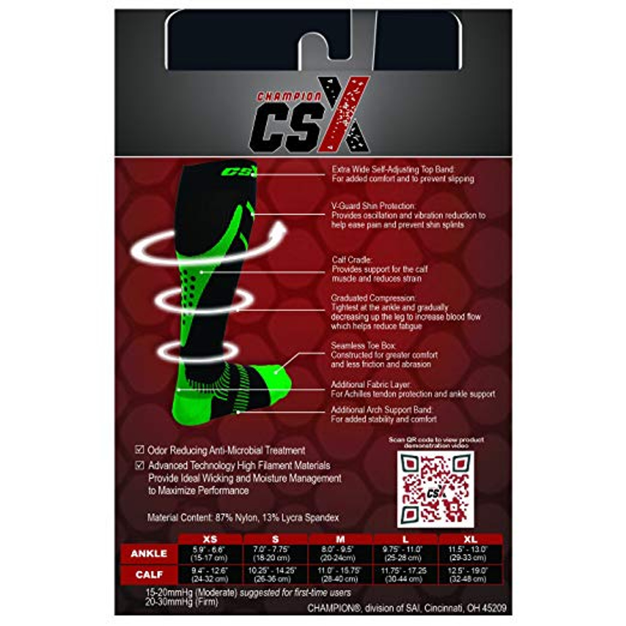 CSX X200 Compression SPORTS Socks - NEW! CSX socks, 15-20mmHg 6 Colours: Red, Black, Green, Pink, Royal-Blue, Silver XS-S-M-L-XL (X200) (CSX X200)