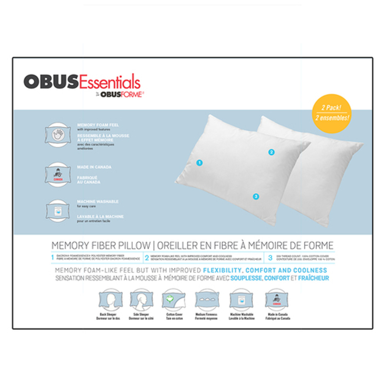 ObusForme PL-FIB-DP Fiber Filled Pillow Back, Side  Sleeper, Medium support