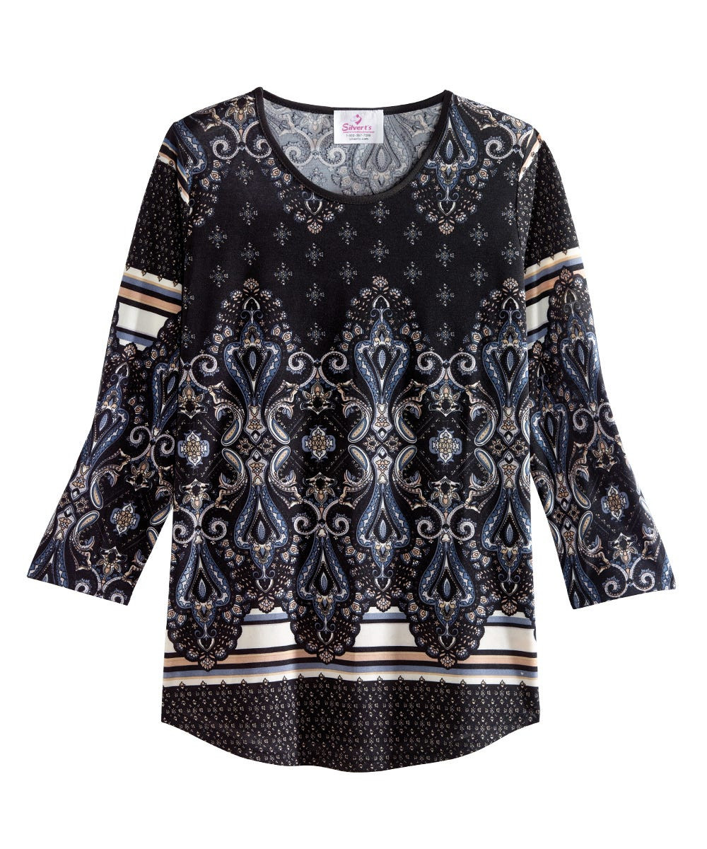 Silverts SV13050 Elegant Mature Fashion Curved Hem Top - Conventional Wear For Women Elegant Blue, Size=M, SV13050-SV1283-M