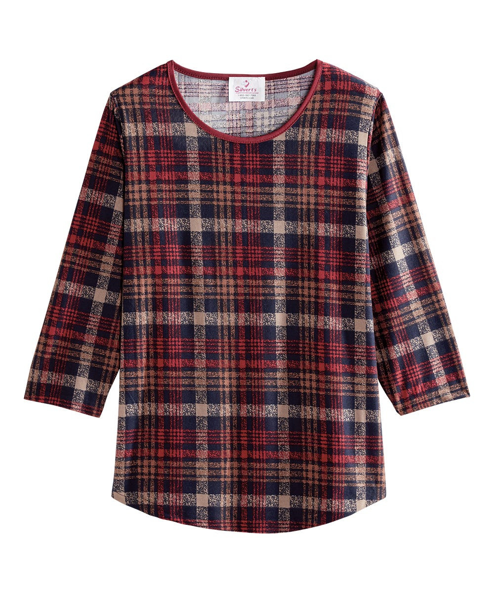 Silverts SV13050 Elegant Mature Fashion Curved Hem Top - Conventional Wear For Women Red Plaid, Size=L, SV13050-SV610-L