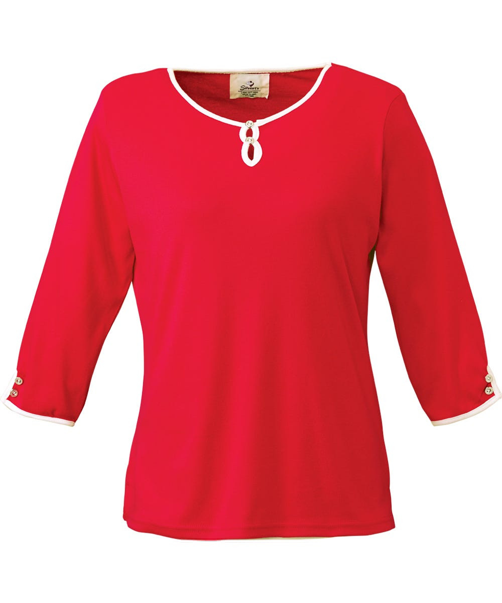 Silverts SV13480 Women's 3/4 Long Sleeve Length With Decorative Buttons Red/White, Size=M, SV13480-SV1260-M