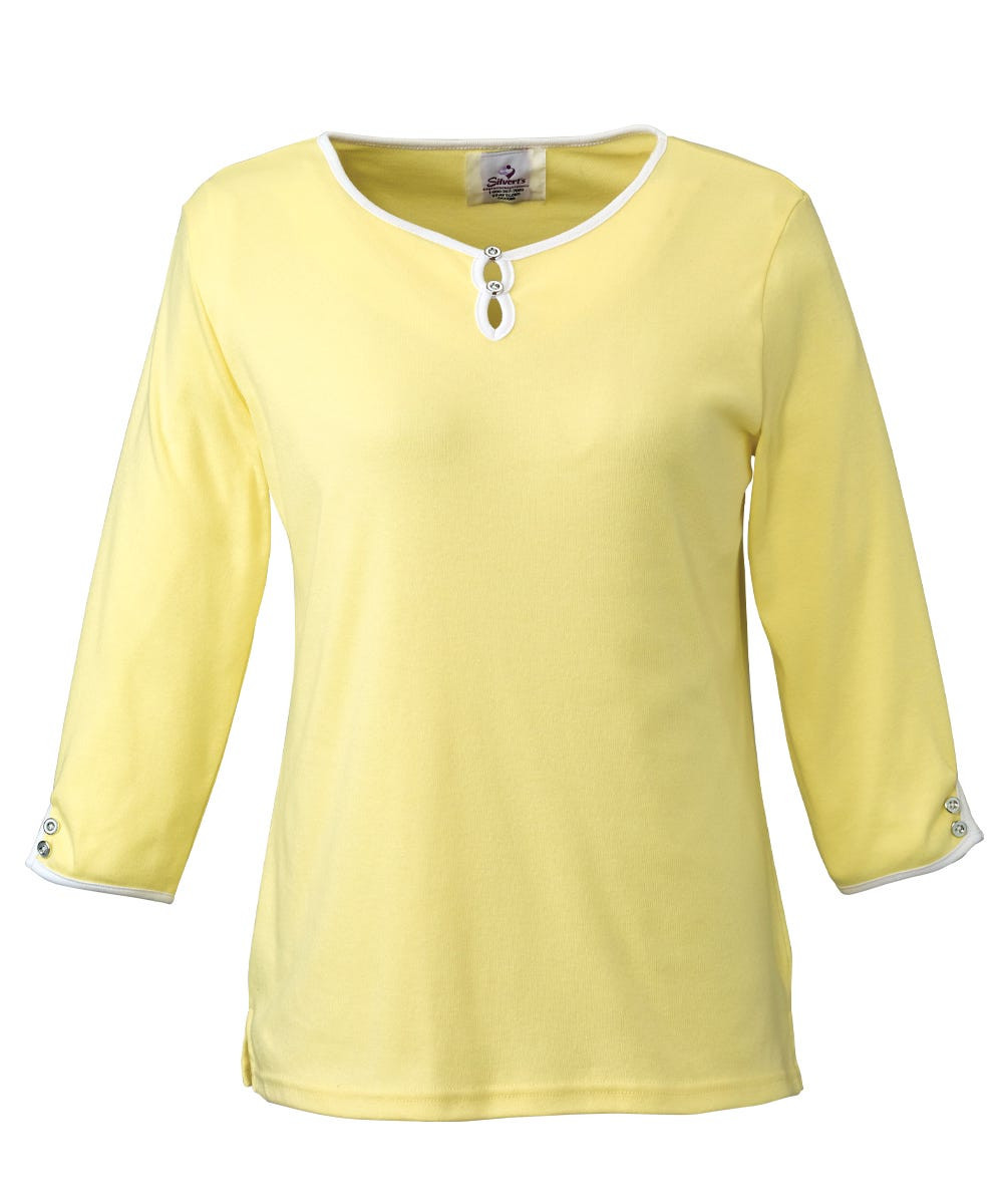 Silverts SV13480 Women's 3/4 Long Sleeve Length With Decorative Buttons Yellow/White, Size=L, SV13480-SV1325-L