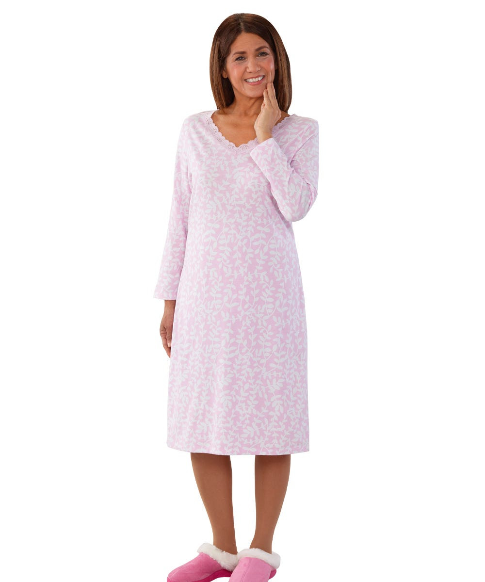 Silverts SV16060 Womens Pretty Nightgown - Long Sleeve Length - Comfy Quality Nightgown Pink Leaf, Size=M, SV16060-SV1131-M