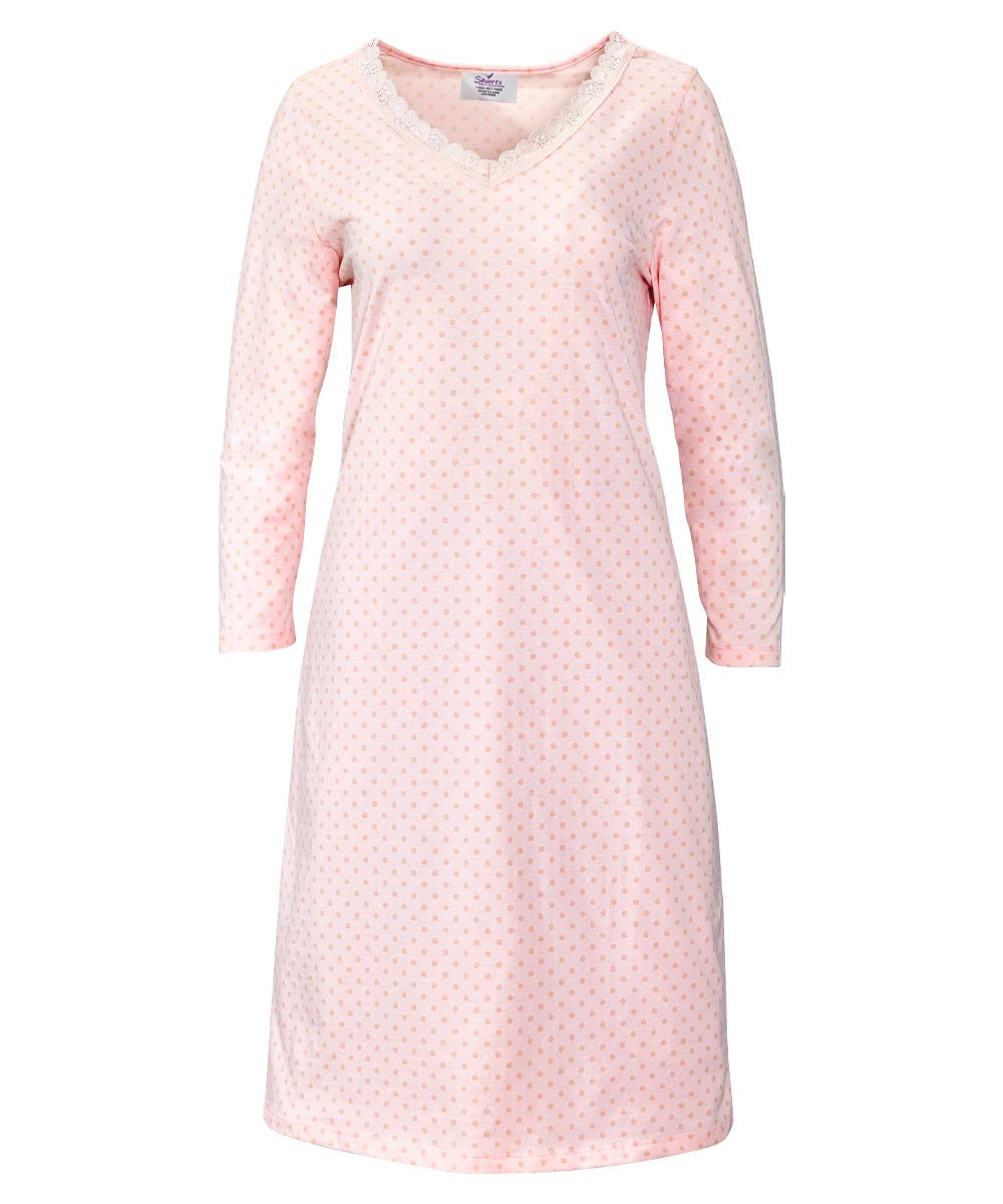 Silverts SV16060 Womens Pretty Nightgown - Long Sleeve Length - Comfy Quality Nightgown Pink Dot, Size=L, SV16060-SV1169-L