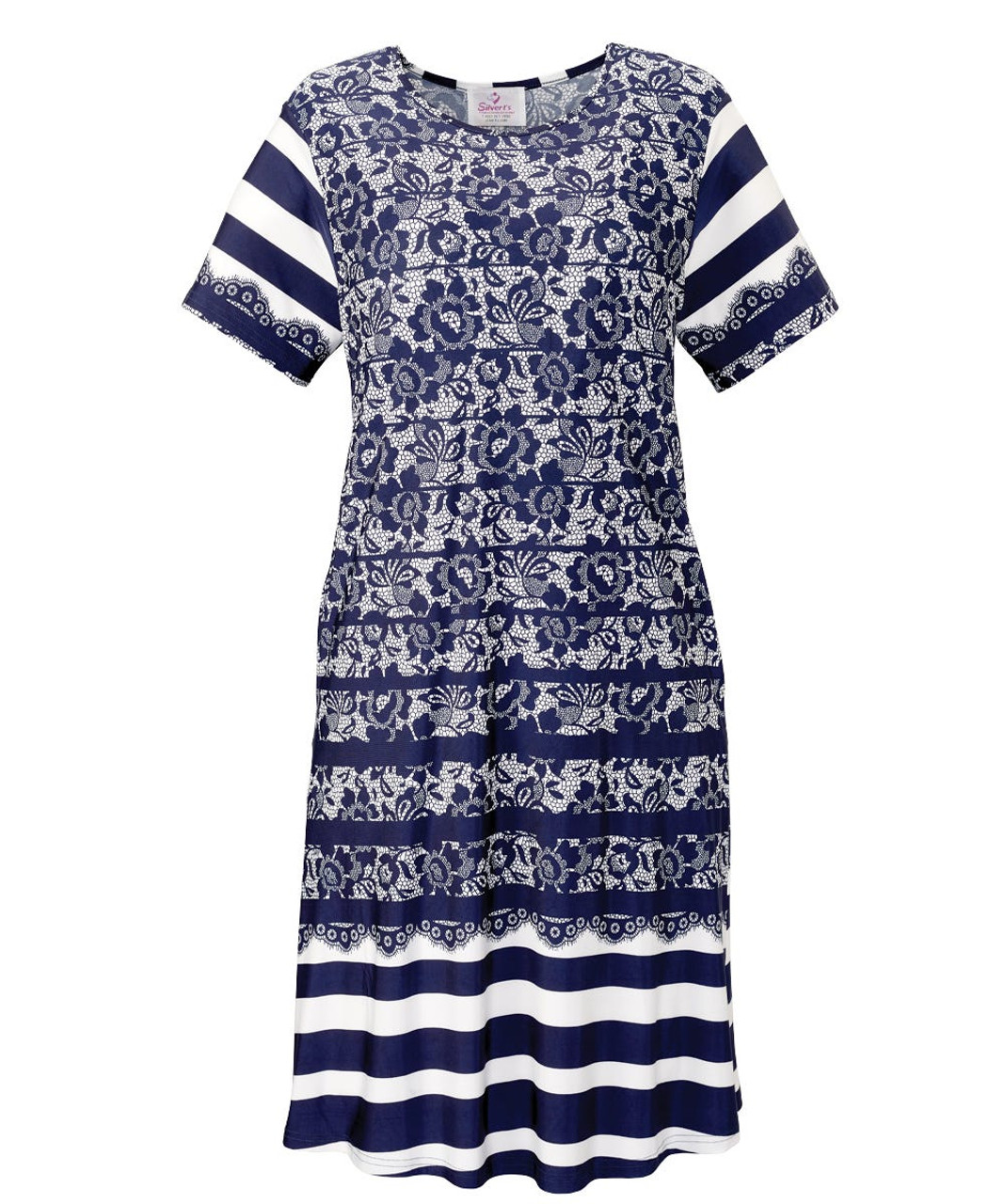 Silverts SV21200 Flowy Short Sleeve Adaptive Open Back Dress  Navy Lace, Size=2XL, SV21200-SV1330-2XL