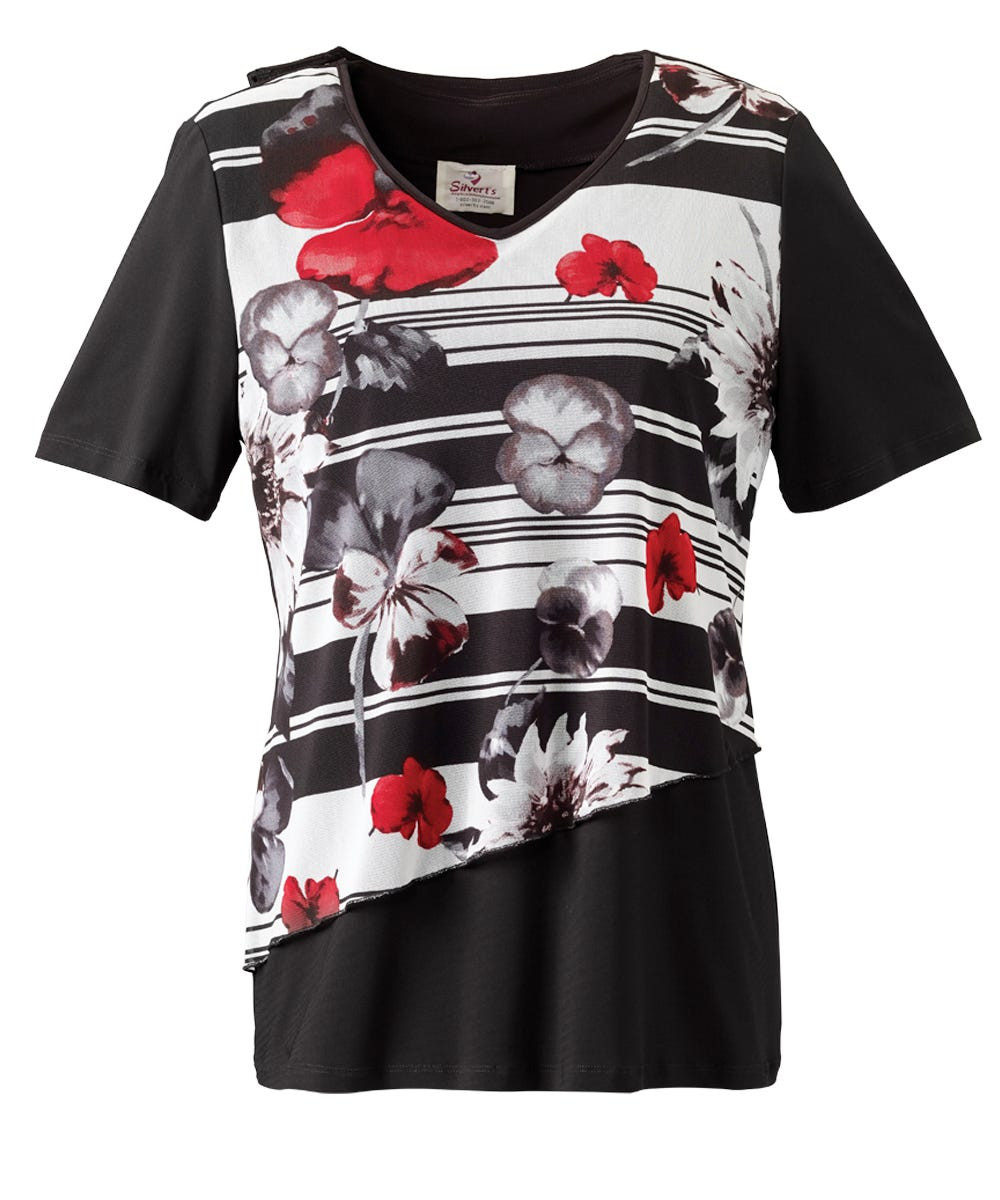 Silverts SV22030 Chiffon Overlay Open-Back Top for Women Red/Black, Size=L, SV22030-SV672-L