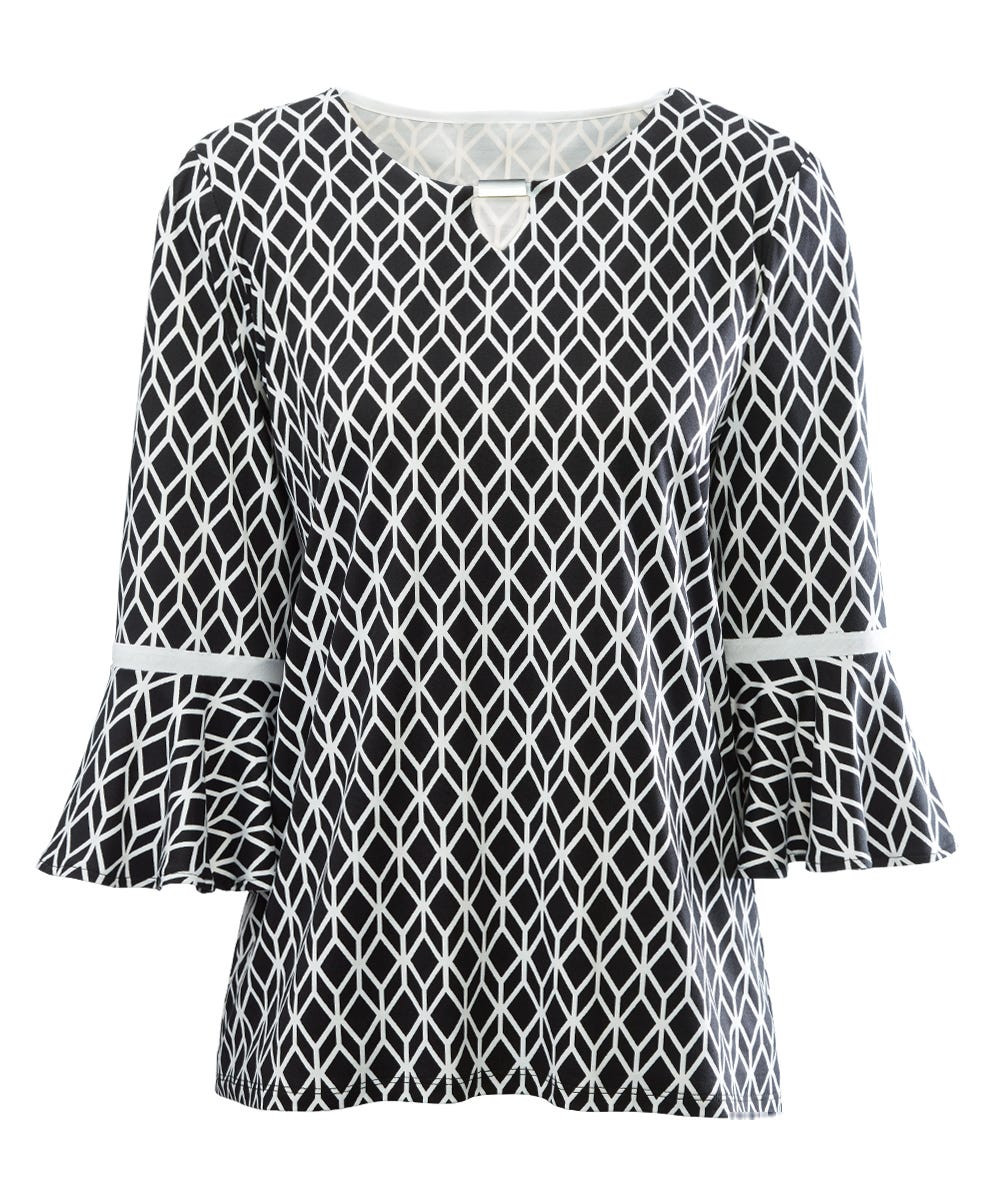 Silverts SV22570 Fancy Neck Open Back Top For Women - Flared 3/4 Sleeves Black Print, Size=2XL, SV22570-SV1061-2XL