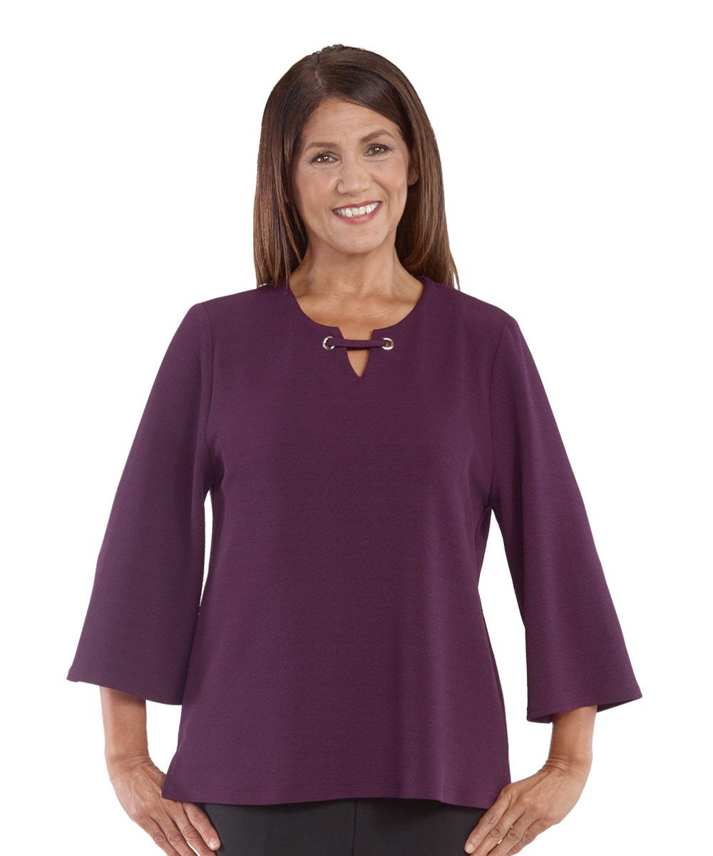 Silverts SV22580 Pretty Womens Adaptive Open Back Top - Grommet And Ribbon Trimmed Neckline Purple, Size=S, SV22580-SV62-S